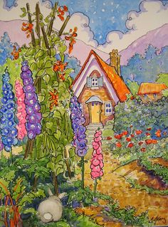 a painting of a garden with flowers and houses in the background by artist susan grisby