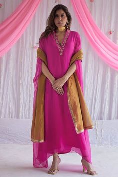 Buy Pink Chiffon Embroidered Floral Motifs V Neck Long Kaftan For Women by Shorshe Clothing Online at Aza Fashions. Elegant Pink Georgette Kurta, Pink Kaftan For Party Festivals, Pink Kaftan For Party And Festivals, Pink Zari Work Kaftan For Party, Elegant Pink Kaftan For Diwali, Pink Party Kaftan For Festivals, Pink Silk Dress With Dabka Work, Pink Kaftan For Festivals, Elegant Pink Kurta With Sheer Dupatta