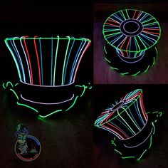 Striped Neon Top Hat! ~  Multiple Designs Available!! Too Many To List  100% HANDMADE *WARNING: YOU WILL TURN HEADS! (Check out instagram.com/zmmconcepts for footage!) *Pictures are of past makes and custom orders, the hat you receive will not be exact. Each are unique and made to order just for YOU! YOU WONT FIND THIS ANYWHERE ELSE! 100% Handmade in NY! The next evolution in wearable neon. -------------------------------------------------------- SIZING CHART: ----------------------------------- Slay Clothes, Rainbow Costume, Rainbow Costumes, Neon Top, El Wire, Rave Clothing, Wire Lights, Neon Design, Steampunk Costume