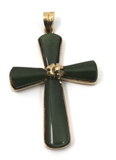 Green Onyx 14K Solid Yellow Gold Cross Pendant 1.6" X 1"in Gold Cross Pendant, Christian Cross, Cross Jewelry, Green Onyx, Solid Yellow, Emerald Cut, Cross Pendant