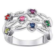 Family Name and Birthstone Heart Ring Hearts abound, dappled across this intricate ring. Adorn this piece with up to six loved ones' names and corresponding crystals for a colorful family keepsake that will fill Mom's heart with joy for years to come. Give this to Mom on Mother's Day or keep it for yourself as a reminder of your family's love.  Design Information      Wide band ring has webwork of prong-set, round colored crystals in heart designs     Space to personalize beside each crystal   G Planet Jewelry, Intricate Rings, Hammered Silver Jewelry, Purple Stone Rings, Family Rings, Mother Rings, Family Name, Birthstone Ring, Birthstone Jewelry