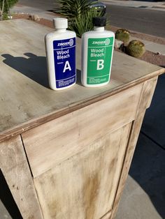 two bottles of wood glue sitting on top of a wooden table next to a cactus