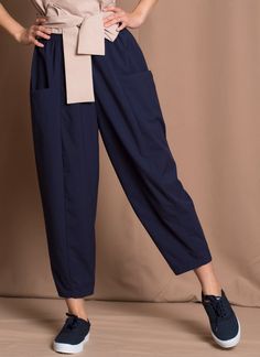 KAAREM - Canh Cropped Pocket Pant w/ Elastic - Dark Blue Chic Straight Leg Harem Pants With Pockets, Spring Tapered Leg Harem Pants With Side Pockets, Cotton Work Pants With Elastic Side Panels, Cotton Pants With Elastic Side Panels For Work, Chic Harem Pants With Tapered Leg And Pockets, Chic Tapered Leg Harem Pants With Pockets, Versatile Ankle-length Harem Pants With Pockets, Versatile Cropped Leg Pants With Pockets, Chic Cotton Harem Pants For Work