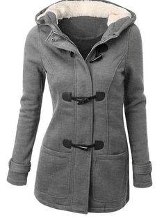 Horn Button Fleece Hooded Duffle Coat Long Hooded Coat, Long Grey Coat, Plain Coats, Mode Mantel, Peacoat Jacket, Women Overcoat, Outwear Jackets, Long Sleeves Coats, Warm Coat