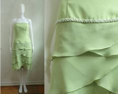 "Pretty cocktail party dress in lime green chiffon. Band of beads and tiered skirt details. Princess seamed bodice with boning to keep dresss in place. Looser cut through hips. Fully lined. condition: excellent color(s): pale green fabric(s): poly chiffon shell / polyester lining brand: none care: dry clean --- measurements --- ✩ size is estimated - please double check measurements for best fit estimated size: xs ✩ all measurements are taken with the item laying flat ✩ bust, waist, and hip measu Elegant Strapless Dress With Tiered Skirt For Summer, Fitted Tiered Strapless Dress For Spring, Fitted Strapless Dress With Ruffles For Bridesmaid, Tiered Strapless Evening Dress For Summer, Fitted Strapless Dress With Tiered Skirt For Spring, Fitted Strapless Tiered Skirt Dress For Spring, Tiered Strapless Dress For Summer Evenings, Fitted Strapless Tiered Dress For Spring, Strapless Tiered Dress For Summer Evenings