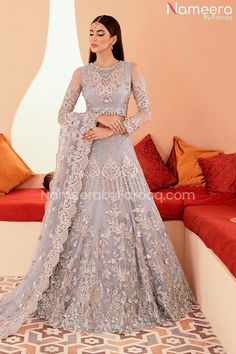 Buy Pakistani Party Dresses-Pakistani Lehenga In Silver Color By Designer-Pakistani Party Wear With Sequins, Thread, Dabka, Tila, Kora, Stones Embroidery Work In USA, UK, Canada, Australia Visit Now : www.NameerabyFarooq.com or Call / Whatsapp : +1 732-910-5427 Pakistani Long Dresses, Pakistani Lehenga, Pakistani Bridal Dress, Pakistani Designer Suits, Desi Clothes, Pakistani Bridal Dresses, Pakistani Wedding Dresses, Pakistani Designers, Pakistani Bridal