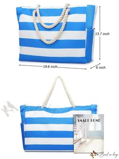 Bird in Bag - Waterproof Beach Bag for Women, Sand-Proof Swimming Pool Tote Bag Rectangular Beach Bag For Outdoor Use, Rectangular Outdoor Bags For Beach Season, Rectangular Outdoor Bag For Beach Season, Waterproof Rectangular Beach Bag, Blue Waterproof Tote Bag, Blue Bags For Summer Outdoor Events, Waterproof Beach Bag, Striped Bag, Striped Bags