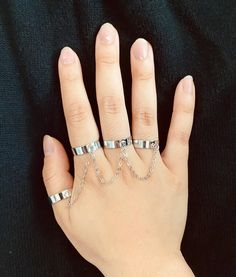 Four rings connected by a chain. They're adjustable, so one size fits all. Trendy Silver Rings With Adjustable Chain, Metal Chain Open Ring, Adjustable Metal Ring With Chain Detail, Adjustable Open Ring With Chain Detail, Adjustable Chain Ring In Metal, Adjustable Metal Chain Ring, Trendy Adjustable Chain Open Ring, Trendy Adjustable Open Chain Ring, Adjustable Silver Ring With Chain