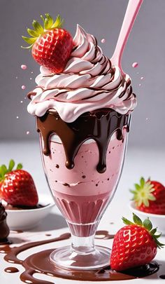 chocolate and strawberry milkshake with strawberries on the side