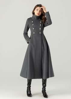 "FEATURES 50% wool, 50% wool blend Fully liner with polyester Two pockets You can wear it as lapel collar or stand up collar Long sleeve Button closure in front Double breasted coat For Winter, Autumn Long wool coat dry clean ★★Mode size Height 170cm (5′ 7″)  Bust 84 cm (33\")  Waist 66 cm (26\")  She wears size XS. ★★Bespoke Order Service If you Request other color Request the length Your height is not between 155 cm- 175 cm Your weight is not between 47 kg -77 kg I can do it for you, It will n Ankle Length Coat, Gray Winter Outerwear With Button Cuffs, Gray Pea Coat With Buttons For Winter, Tailored Gray Wool Coat, Winter Wool Coat, Tailored Winter Wool Coat With Buttons, Tailored Wool Coat With Buttons For Winter, Winter Wool Coat With Button Cuffs For Office, Formal Winter Wool Coat With Pockets