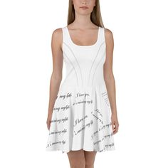 Tortured Poets Taylor inspired white dress.  Comes in adult size XS up to 3XL. Dress to impress with this sleeveless skater dress! The soft fabric and flared skirt give it an elegant twist that brings out the intricate design with a beautiful vibrancy. * 82% polyester, 18% spandex * Fabric weight: 6.78 oz/yd² (230 g/m weight may vary by 5% * Smooth and elastic fabric * Mid-thigh length flared skirt * Elastic waistline * Overlock seams, coverstitch hemline * Blank product components sourced from White Stretch A-line Sleeveless Dress, White Sleeveless A-line Dress With Fit And Flare, White Sleeveless A-line Dress Fit And Flare, White A-line Sleeveless Fit And Flare Dress, White Fit And Flare A-line Sleeveless Dress, White Stretch A-line Dress, White Fitted A-line Dress, White Stretch A-line Mini Dress, White Dress Halloween Costume