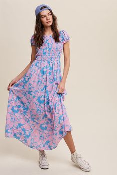 -Color: Blue/Floral -Round neck with smocked top -Cross elastic back -Puff sleeve with elastic cuffs -Hidden side seam pockets -Finished with clean hem -Lined -Imported -Runs true to size -Model is 5' 9" 31-24-34 and wearing a size Small Smocked Top, Home Dress, Maxi Dress With Sleeves, Modern Fashion, Blue Floral, Puff Sleeve, Clothing Brand, Round Neck, Color Blue