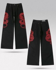 * Y2k embroidered jeans "Shiron" are in Asian size: Please choose at least one size larger than your usual size. Check the size guide for more details. The model is 175 cm (5'9") tall, weighs 58 kg (128 lbs), and wears a size M. Unleash Your Inner Dragon with Y2K Embroidered Jeans "Shiron" Make a fierce fashion statement with the bold and dynamic Y2K Embroidered Jeans "Shiron". These jeans are designed for those who love to stand out and embrace their unique style. Featuring a striking red drago Jeans Pant Embroidery Design, Spring Embroidered Jeans For Streetwear, Baggy Embroidered Denim Jeans, Black Embroidered Bottoms For Streetwear, Embroidered Black Bottoms For Streetwear, Embroidered Cotton Jeans For Streetwear, Embroidered Straight Leg Jeans For Streetwear, Embroidered Wide Leg Streetwear Pants, Embroidered Wide Leg Pants For Streetwear