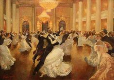 a painting of people dancing in a ballroom