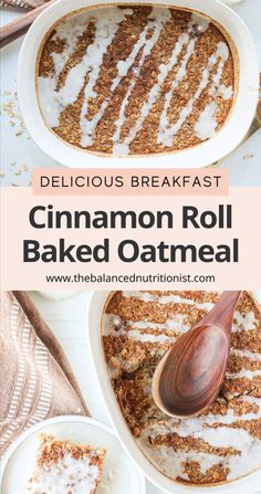 cinnamon roll baked oatmeal in a white dish with a wooden spoon on the side