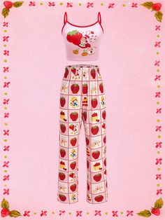 Summer Pink Sweet And Cute Style Strawberry Pattern Camisole Top & Pants Pajama Set, For Christmas Pink Cute    Animal,Cartoon,All Over Print  Medium Stretch Spring/Fall Women Sleep & Lounge, size features are:Bust: ,Length: ,Sleeve Length: Pink Christmas Pajamas, Overalls Flare, Shein Summer, Retro Clothes, Sleepwear Women Pajamas, Short Cake, Strawberry Pattern, Top And Pants Set, Animal Cartoon