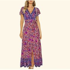 This Vibrant Colorful Boho Wrap Is A V-Neckline Maxi Dress With Butterfly Sleeves. The Frill Hemline Moves Beautifully. The Dress Is Unlined With 100% Rayon Fabric. It Has No Stretch To It And Feels Light And Airy. Brand New With Tags Smoke Free Home Fast Shipping Red Boho Print V-neck Maxi Dress, Pink V-neck Maxi Dress With Vibrant Print, Bohemian Maxi Dress With Vibrant Print And V-neck, Red V-neck Maxi Dress With Boho Print, Bohemian Maxi Dress With Surplice Neckline And Floral Print, Multicolor Floral Print Maxi Dress With Surplice Neckline, Bohemian Multicolor Maxi Dress With Surplice Neckline, Flowy V-neck Maxi Dress With Vibrant Print, Purple Floral Print V-neck Dress