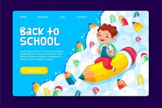 the back to school landing page with a boy sitting on a rocket and holding a pencil