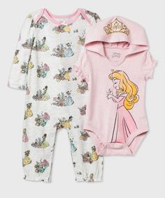 Your sweet darling will look and feel her absolute best with this 2-Piece Romper and Bodysuit from Disney Princess. The two-piece clothing set includes a long-sleeve romper and short-sleeve bodysuit, both featuring charming princess imagery for magical Disney flair. The lap shoulders and crotch snaps on each piece make dressing or diaper changes a breeze, while the soft fabric will keep your baby comfy, whether you're pushing her in a stroller or she's just enjoying a nap. Diamond Outfit, 2 Piece Romper, Thoughtful Baby Gifts, Cartoon Clothes, Disney Princess Babies, Disney Baby Clothes, Pink Newborn, Princess Baby, Warm Leggings