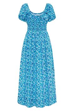 In lightweight cotton voile, the Vineria Midi Dress in Stellina Floral features a feminine silhouette with short puff sleeves, a scoop neckline and delicate front tie. The waist is fully shirred for pull-on ease, and gives way to a softly gathered, floaty midi skirt. Patterned with small blue florals all over for a vintage-inspired finish, the Vineria is an easy-wearing style for any occasion. Summer Flowy Puff Sleeve Dress With Gathered Neckline, Casual Summer Peasant Dress With Gathered Sleeves, Daywear Smocked Dress With Gathered Sleeves, Summer Ruched Puff Sleeve Short Sleeve Dress, Summer Ruched Puff Sleeve Dress With Short Sleeves, Beach Smocked Dress With Gathered Sleeves, Summer Peasant Dress With Smocked Back For Daywear, Flowy Short Sleeve Peasant Dress For Summer, Flowy Casual Peasant Dress With Short Sleeves