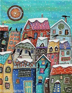 a painting of houses with snow on the roof and one bird sitting on top of it