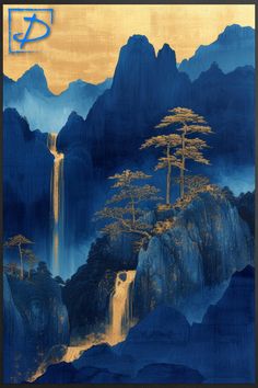 Entdecke das Hochformat-Wandbild 'Blaue Stille mit goldenem Wasserfall' im chinesischen Aquarell-Stil. Azurblaue Gebirgslandschaften treffen auf goldene Wasserfälle, gedruckt auf Alu. Perfekt für Liebhaber von Landschaften. Hol Dir Dazzty's digitale Kunst, gedruckt auf Alu! Canvas Art Painting Abstract, Landscape Sketch, Futuristic Art, Canvas Art Painting, Android Wallpaper, Art Nouveau, Canvas Painting, Abstract Art, Art Drawings