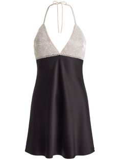 black/silver-tone rhinestone embellishment two-tone design halterneck tie fastening open back thigh-length Elegant Evening Mini Dress With Contrast Sequin, Elegant Embellished Backless Dress For Gala, Elegant Embellished Backless Evening Dress, Elegant Embellished Backless Dress For Evening, Chic Embellished Halter Neck Dress, Chic Embellished Halter Dress, Elegant Contrast Sequin Mini Dress For Date Night, Elegant Mini Dress With Contrast Sequin For Date Night, Elegant Mini Dress With Contrast Sequin For Gala