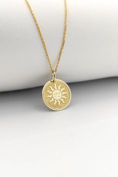 Welcome to ElegantGoldJewels,  Find all the information you need about your charm: Material of pendant: 14K Solid Gold Stamp: 585 (14K) Thickness: 0.5mm Jumpring Diameter: 4mm The pendant is available in 6 sizes: - 13mm / 0.52 inches - 15mm / 0.59 inches - 18mm / 0.70 inches - 20mm / 0.78 inches - 22mm / 0.86 inches - 24mm / 0.94 inches - 26mm / 1.02 inches - 28mm / 1.10 inches - 30mm / 1.18 inches Chains Information: Rolo Chain: -14K Real Gold - 0.70mm thick - Spring Ring Clasp - 16 inches / 40 Celestial Sun And Moon Charm Necklaces, Celestial Sun And Moon Charm Necklace, Celestial Engraved Round Pendant Charm Necklaces, Everyday Round Charm Necklace With Moon Phase, Yellow Gold Moon Phase Charm Necklaces, Round Yellow Gold Charm Necklaces With Moon Phase, Yellow Gold Moon Charm Necklaces, Yellow Gold Moon Phase Round Charm Necklaces, Yellow Gold Moon Phase Charm Necklace