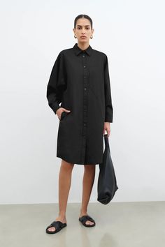 Black Cotton Button-Down Oxford Dress - Raphaela Shirtdress | Marcella Black Shirt Dress Outfit, Oversized Dress Shirt, Poplin Shirt Dress, Am To Pm, Shirt Dress Outfit, Oversized Shirt Dress, Her Cut, Minimalist Dresses, Cotton Shirt Dress