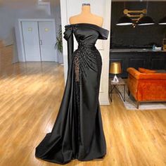 Black Off-shoulder Gown With Sweep Train, Black Off-shoulder Dress With Sweep Train, Black Fitted Mermaid Dress For Banquet, Fitted Black Mermaid Dress For Banquet, Long Sleeve Prom Dresses, Sleeve Prom Dresses, Prom Dresses 2022, Long Black Evening Dress, Prom Dresses Off The Shoulder