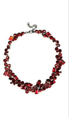 Ruby red glass crystals charm this alloy necklace to give it this unique appearance. If you have been searching for a statement necklace to wear for a special night out, then look no further than this stunning collar necklace! Product Details: Red alloy Glass crystals Approx. 12" + 2" ext. length Clasp: lobster Red Ruby Necklace, Crystal Statement Necklace, Red Necklace, Red Jewelry, Ruby Necklace, Red And Teal, Teal And Gold, Red Collar, Crystal Charm