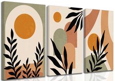 three canvases with plants and an egg on them