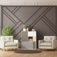 a living room with two chairs and a cabinet in front of a wall mounted plant