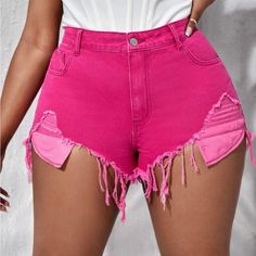 Brand New Hot Pink Shorts Waist Size 33 New With Tags Trendy Short Leg Pink Bottoms, Trendy Pink Short Leg Bottoms, Pink Mid-rise Shorts With Pockets, Trendy Pink Jean Shorts For Beach, Fitted Pink Cutoff Bottoms, Pink High Waist Jean Shorts, Trendy Pink Cutoff Bottoms, Trendy Pink Short Shorts, Trendy Mid-rise Pink Jean Shorts