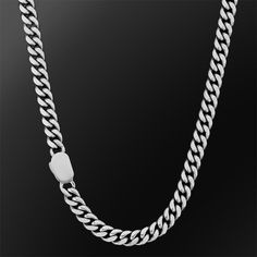 LA Cuban chain silver is designed in Los Angeles using Premium 316L Stainless Steel silver coated in rhodium, which secures an outstanding shine and durability. Bold and shiny, this 8mm Cuban link men's necklace shows off its sophisticated style. This is a Cuban-link style chain with links that twist into a cable-like design, which makes for a traditional and classic look. Add this item to your accessories collection and get endless possibilities for enhancing your daily style and striking stran Silver Necklace With Solid Link Construction, Silver Link Necklace With Solid Construction, Silver Polished Chain Necklace, Modern White Gold Chain Necklace With Curb Chain, Silver Link Necklace With Curb Chain, White Gold Cuban Link Stainless Steel Necklace, Silver Sterling Cuban Link Necklace With Adjustable Chain, Sterling Silver White Gold Cuban Link Necklace, Classic Silver Curb Chain Necklace