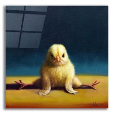 a painting of a baby chicken sitting on the ground with its eyes closed and legs crossed