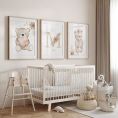 a baby's room with three pictures on the wall and two teddy bears in the crib