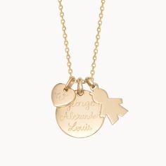 One of our best-selling personalized engraved necklaces, our Duchess Necklace was worn by Kate Middleton, then the Duchess of Cambridge to celebrate the birth of Prince George. The perfect gift for a new mom, choose a boy or a girl charm to sit alongside our signature disc and mini heart charms.18K Champagne Gold Plated, 925 Sterling Silver or 18K Rose Gold PlatedCharms: 0.8 x 0.8 (disc), 0.6 x 0.6 (girl, boy), 0.4 x 0.4 (mini heart)Charms are removable from this chain and can be worn on all Mer Birthday Gift Charm Necklace With Round Pendant, Personalized Yellow Gold Charm Necklace For Birthday, Birthday Gift Round Pendant Charm Necklace, Personalized Medallion Charms For Gifts, Keepsake Charm Necklace With Round Pendant, Round Engraved Charms For Gifts, Engraved Round Charms For Gifts, Charm Name Necklace For Birthday And Mother's Day, Charms Name Necklace For Birthday And Mother's Day