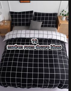 black and white bedding with the words modern room decor ideas written in large letters