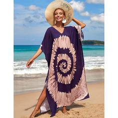 Purple Graffiti Loose Beach Kimono Dress Short Sleeve Printed Maxi Dress For The Beach, Casual Printed Maxi Dress For Beach Season, Purple V-neck Beach Dress For Summer, Purple Maxi Dress For Summer Vacation, Purple Dress For Beach Season Vacation, Beach Season Printed Maxi Dress For Day Out, Purple Beach Vacation Dress, Printed Maxi Dress For Summer Beach, Purple Printed Summer Maxi Dress