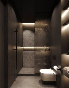 a bathroom with a tub, toilet and shower in the center is lit by recessed lighting