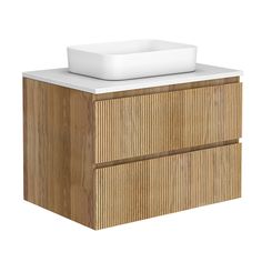 a wooden cabinet with a white sink on the top and bottom drawer, against a white background