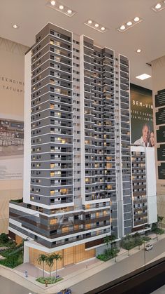 a model of a tall building with lights on