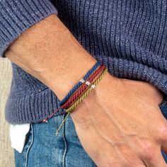 Add a contemporary bohemian feel to your outfit with our Aros Men's Macrame Cord Bracelet. Revel in the intricate weaving technique of the sturdy Italian waxed cord while you enjoy the comfort of the adjustable design. A central sterling silver accent provides the ideal hint of luster in this stylish men's bracelet, perfect for a layered or an individual look.  * The price is for a single bracelet. * Sliding macrame clasp. The bracelet is adjustable to fit most wrist sizes. * Great gift for husb Handmade Bracelets For Men, Colombian Jewelry, Mens Cords, Macrame Inspiration, Man Bracelet, Bracelets Men, Macrame Bracelet Patterns, Single Bracelet, Surfer Bracelets