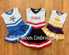 "~PERSONALIZED CHEER UNIFORMS~ **Please read entire item detail before ordering** FOR ANY SIZES/COLOR LISTED AS \"SOLD OUT\"....I receive new shipments in around mid to late August each year at this time the inventory will be updated. These cute cheer outfits can be personalized with your team name! Sizes from 6 months thru 10 years, run true to size. They are available in 17 color combinations (I am not able to make custom color combinations other the ones pictured). The material is 95% cotton White Cotton Sports Sets, White Cotton Sets For Sports Events, Fitted Cotton Cheerleading Sets, White Cotton Cheerleading Sets, White Cotton School Spirit Sets, Note Supplies, Custom Cheer Uniforms, Kids Beach Bag, Cheer Costumes