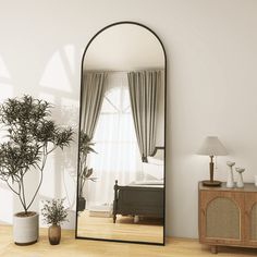 a large mirror sitting on top of a wooden floor next to a potted plant