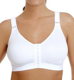 The front closure of this sports bra makes dressing and undressing simpler and quicker. Wide straps have hook-and-loop fasteners for easy adjustment during training. This "all sports bra" is Molded, wireless, unlined (unpadded) seamless cups support and shape the breasts. Tall center front contains and supports you, . Center front coated hook-and-eye metal closure for easy dressing. See our Size Chart for hook counts. Soft under-bust, sewn-on elastic support band. Ultra lightweight but with high Bra Deals, Compression Bra, Corset Bra, Clothing Sites, Free Sport, Comfortable Bras, All Sports, Everyday Bra, Support Bras