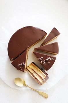 a chocolate cake with one slice cut out