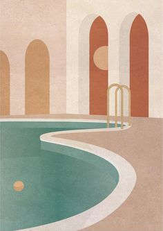 an illustration of a swimming pool with arches around it