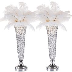 two tall vases with white feathers on top of each other, one is silver and the other is clear